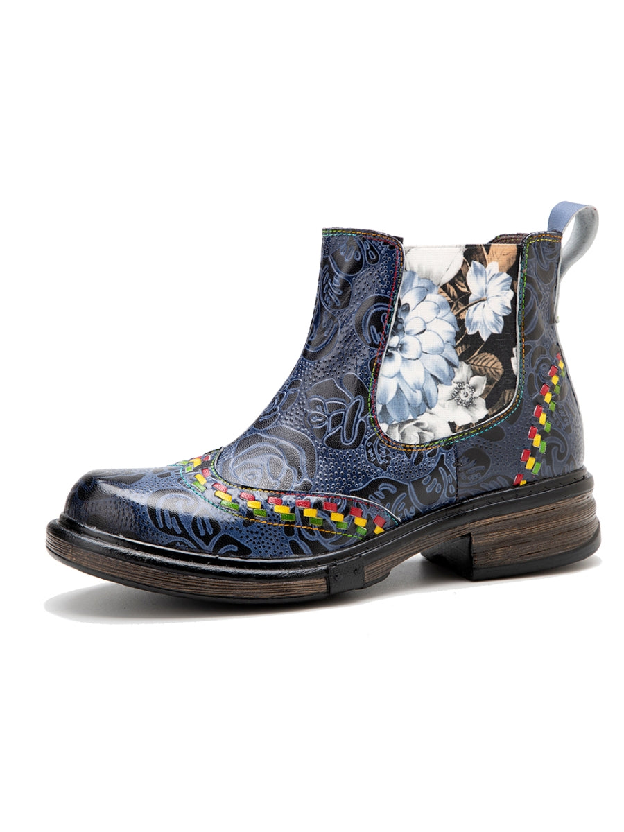 SOFFIA | Genuine Leather Blue Chrysanthemum Side Floral Embossed Leather Chelsea Ankle Boots