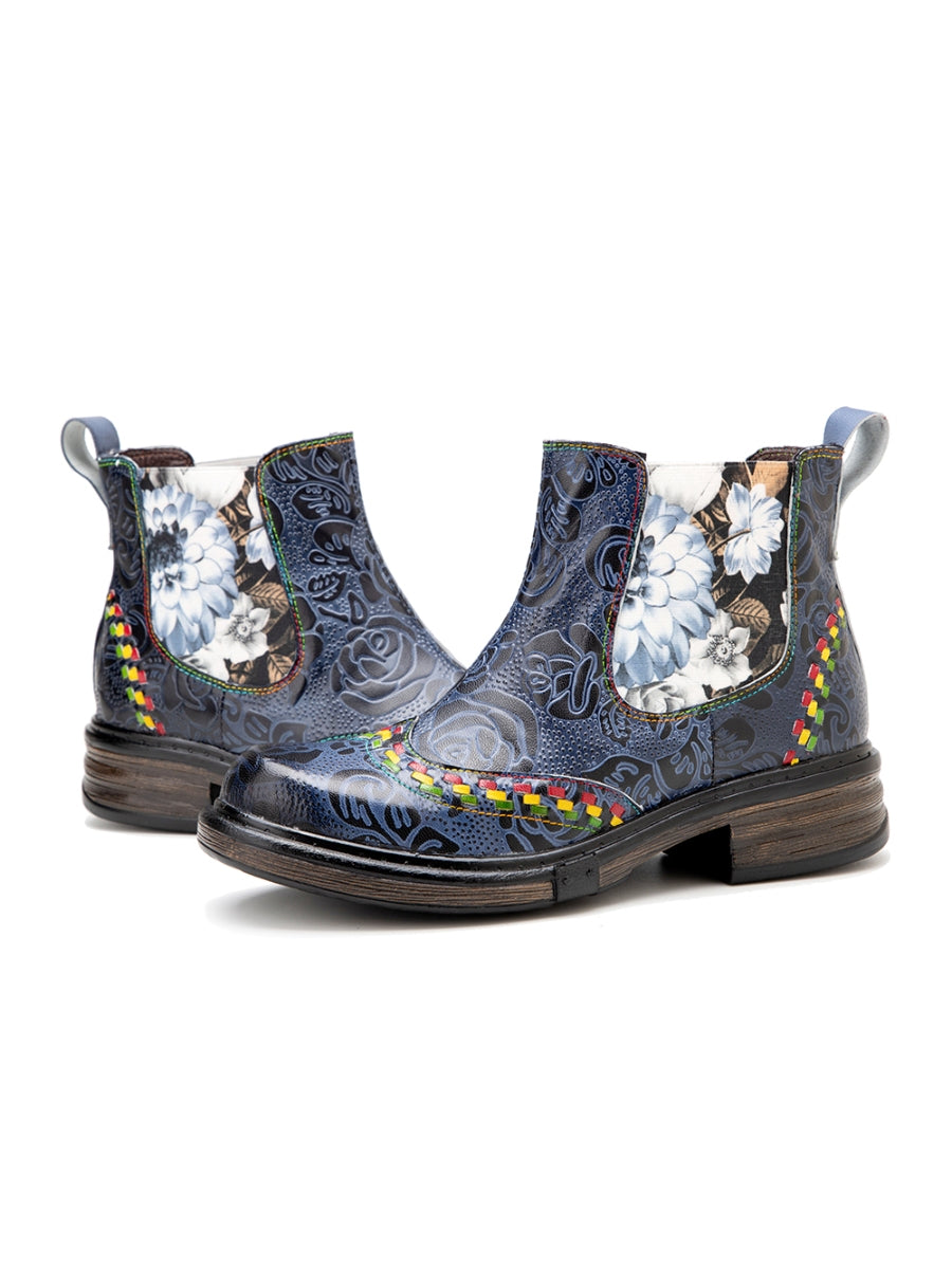 SOFFIA | Genuine Leather Blue Chrysanthemum Side Floral Embossed Leather Chelsea Ankle Boots