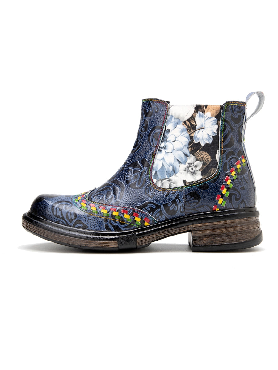 SOFFIA | Genuine Leather Blue Chrysanthemum Side Floral Embossed Leather Chelsea Ankle Boots