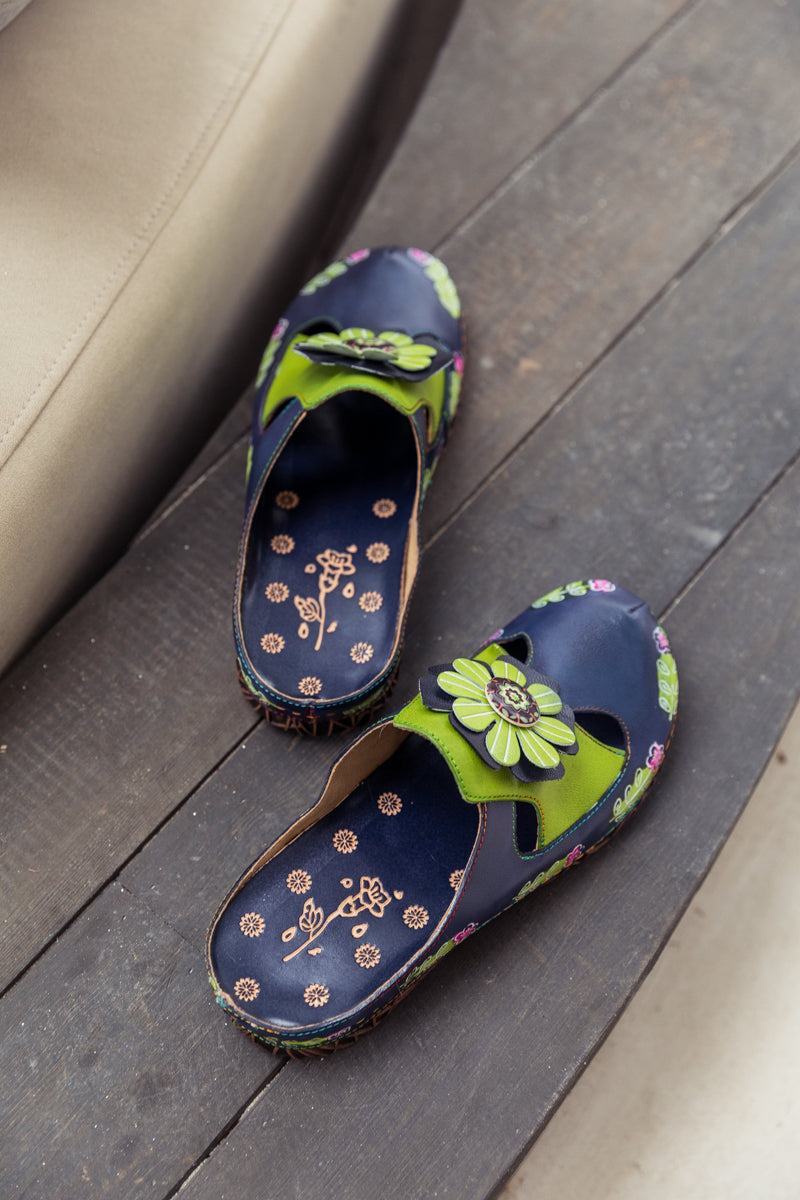 SOFFIA | Floral Appliqued Cut-Out Leather Sandal - Navy