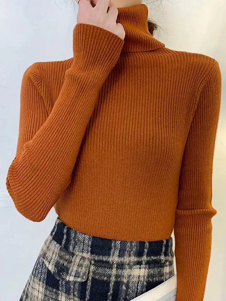 New 2024 Women Pullover Turtleneck Sweater Autumn Long Sleeve Slim Elastic Korean Simple Basic Cheap Jumper Solid Color Top