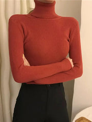 New 2024 Women Pullover Turtleneck Sweater Autumn Long Sleeve Slim Elastic Korean Simple Basic Cheap Jumper Solid Color Top