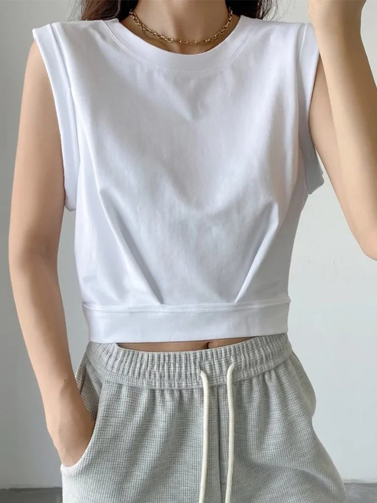 New Arrival Spring Summer Solid Colour Casual Loose Short O-Neck Tank Tops Sports Vest Folds Top