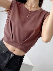 New Arrival Spring Summer Solid Colour Casual Loose Short O-Neck Tank Tops Sports Vest Folds Top