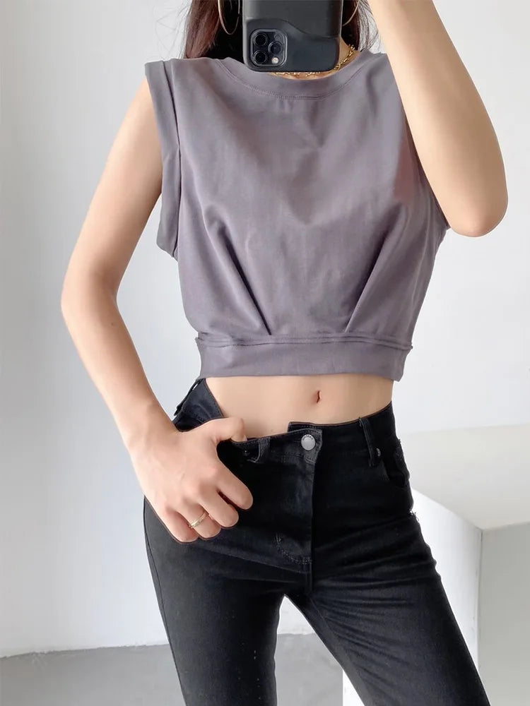 New Arrival Spring Summer Solid Colour Casual Loose Short O-Neck Tank Tops Sports Vest Folds Top