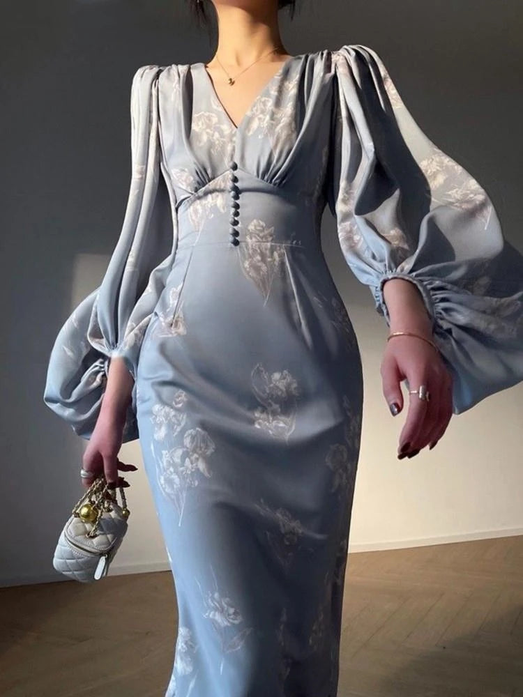 New Elegant Printing Mermaid Dresses for Women Summer New Slim V-neck Long Sleeve Runway Party Robe 2024 Female Vestidos