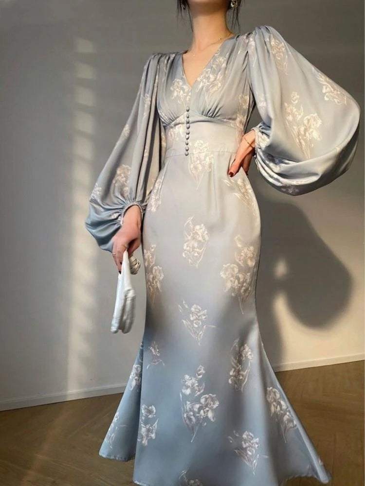 New Elegant Printing Mermaid Dresses for Women Summer New Slim V-neck Long Sleeve Runway Party Robe 2024 Female Vestidos