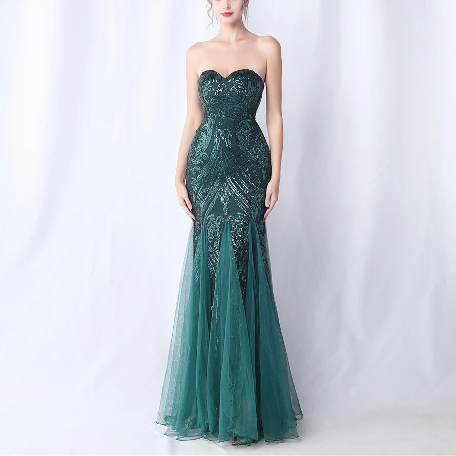 New Fashion High Waist Slim Fishtail Elegant Party Long Dresses Woman Sexy Tube Top Sleeveless Backless Sequined Evening Dress