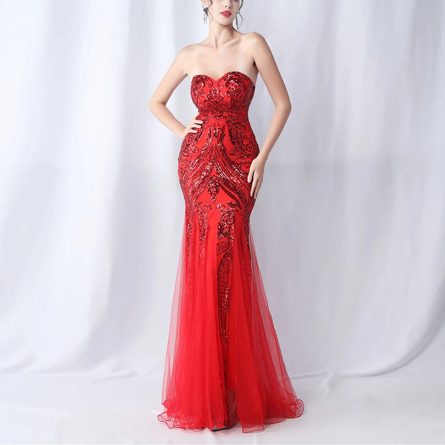 New Fashion High Waist Slim Fishtail Elegant Party Long Dresses Woman Sexy Tube Top Sleeveless Backless Sequined Evening Dress