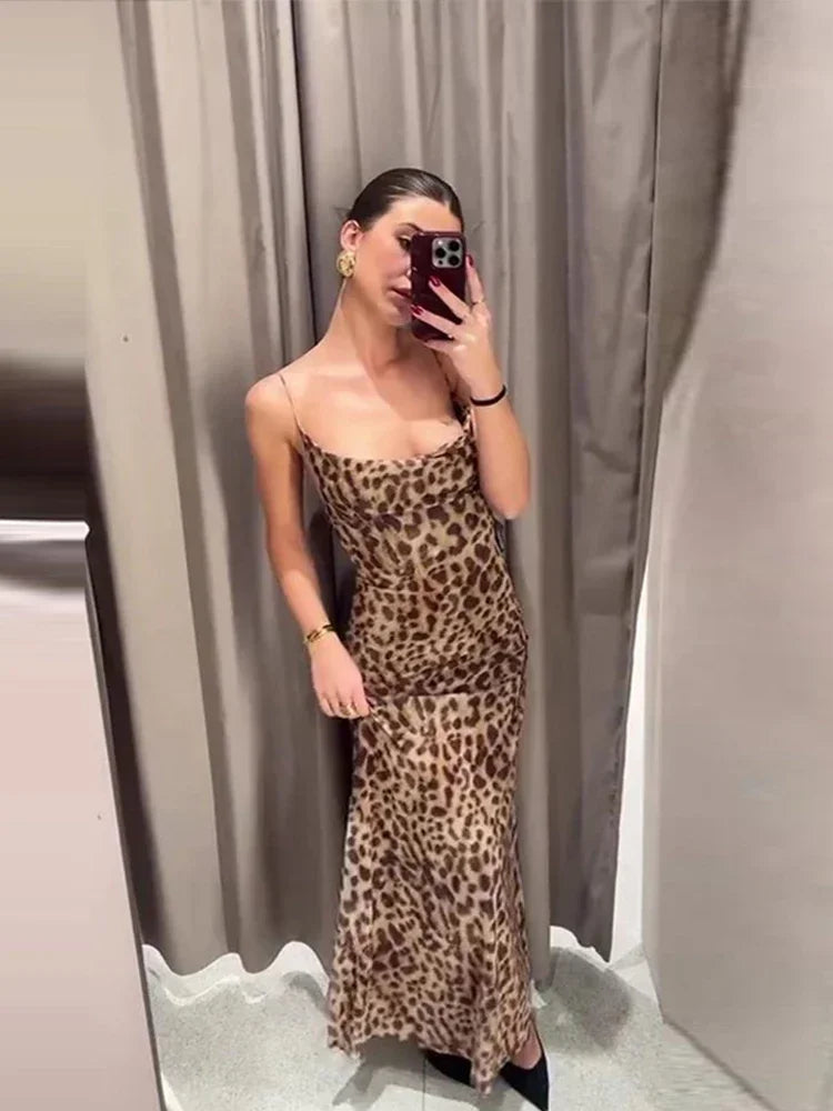 New Leopard Print Sling Maxi Dress For Women 2024 Summer Elegant Backless Sleeveless Slip Long Dress Female Sexy Party Vestidos