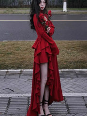 New Spring Red Vintage Elegant Long Sleeve Dresses Women Irregular Ruffles Retro Princess Evening Party Dress Prom Robe 2024