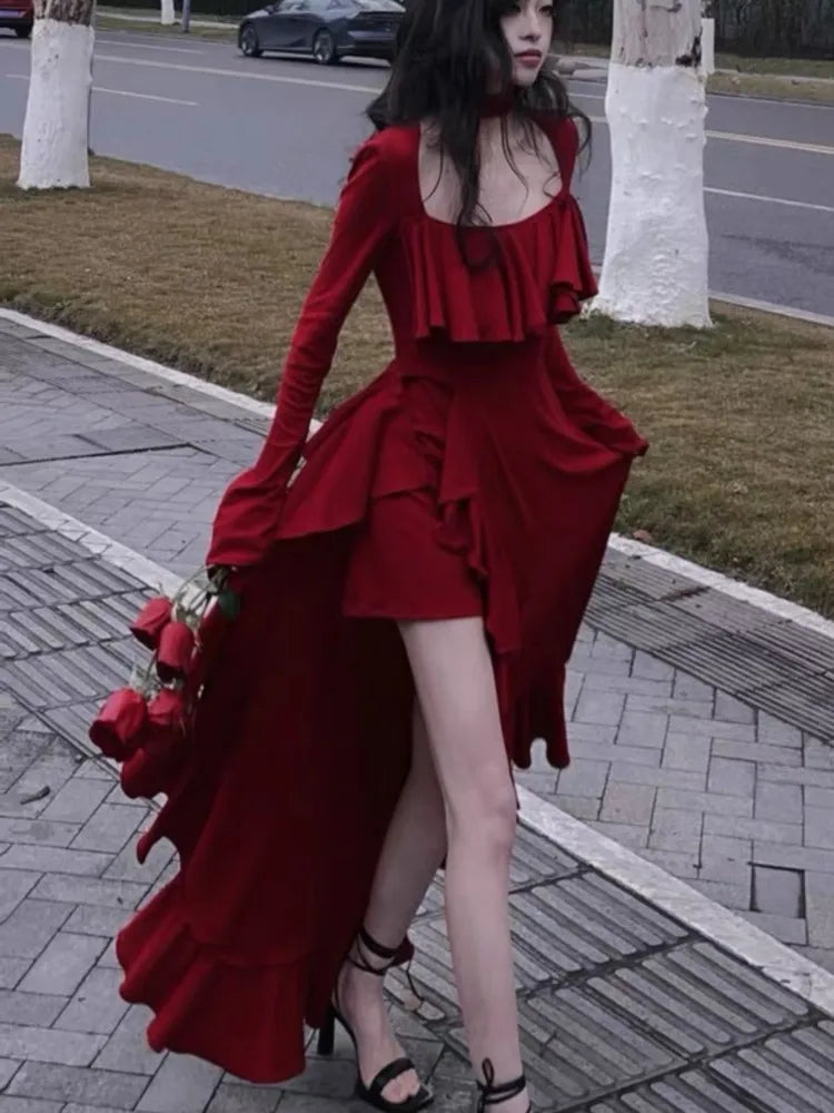 New Spring Red Vintage Elegant Long Sleeve Dresses Women Irregular Ruffles Retro Princess Evening Party Dress Prom Robe 2024