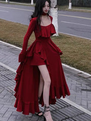 New Spring Red Vintage Elegant Long Sleeve Dresses Women Irregular Ruffles Retro Princess Evening Party Dress Prom Robe 2024