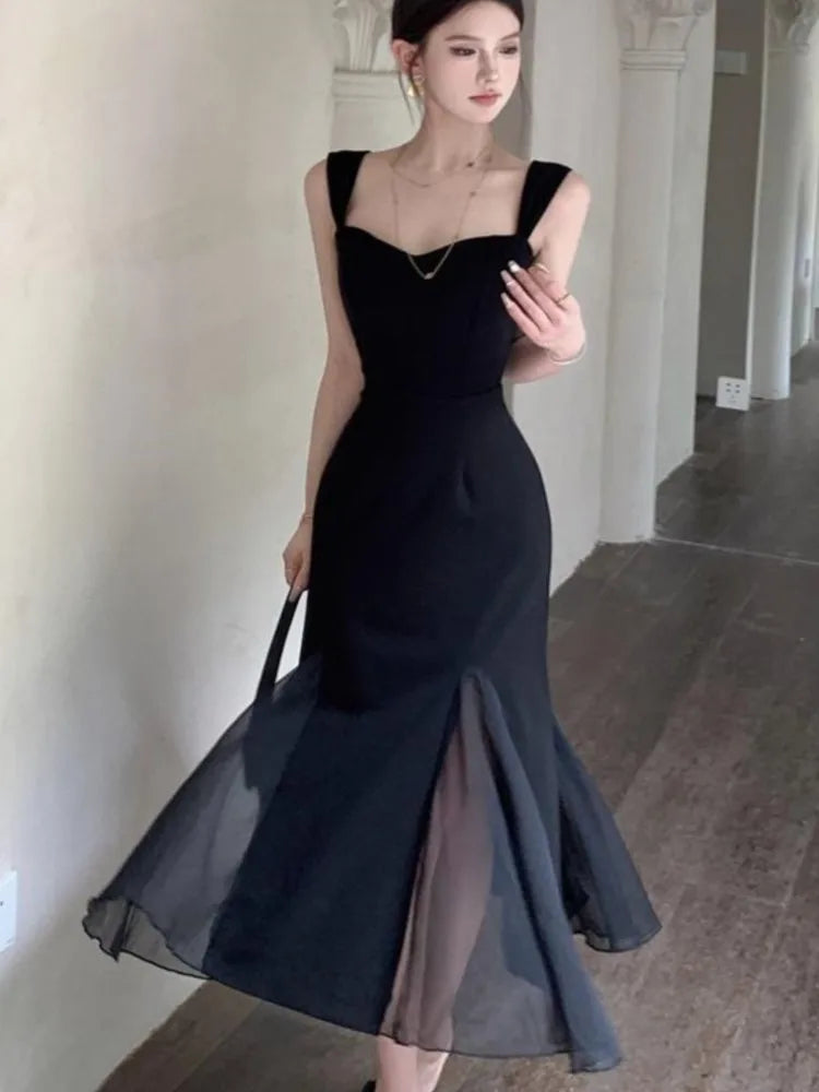 New Summer Black Dress Women Sexy Spaghetti Strap Slim Mesh Mermaid Evening Party Dresses Retro Prom Robe Mini Vestidos Mujer