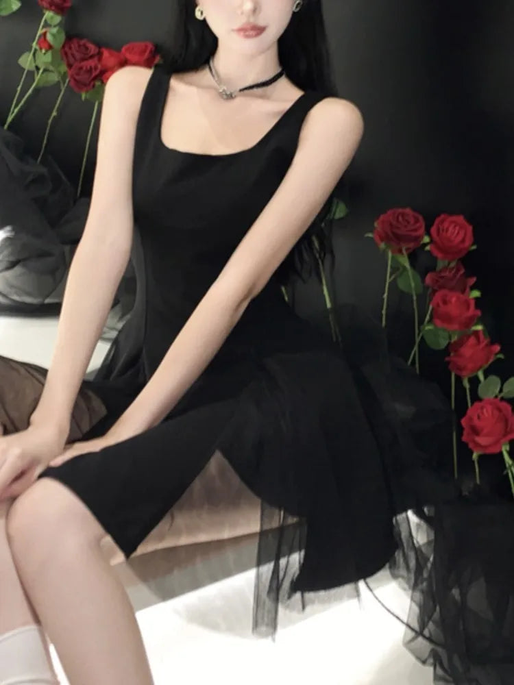 New Summer Black Short Dress Women Spaghetti Strap Mesh Patchwork Princess Evening Party Dresses French Elegant Prom Vestido