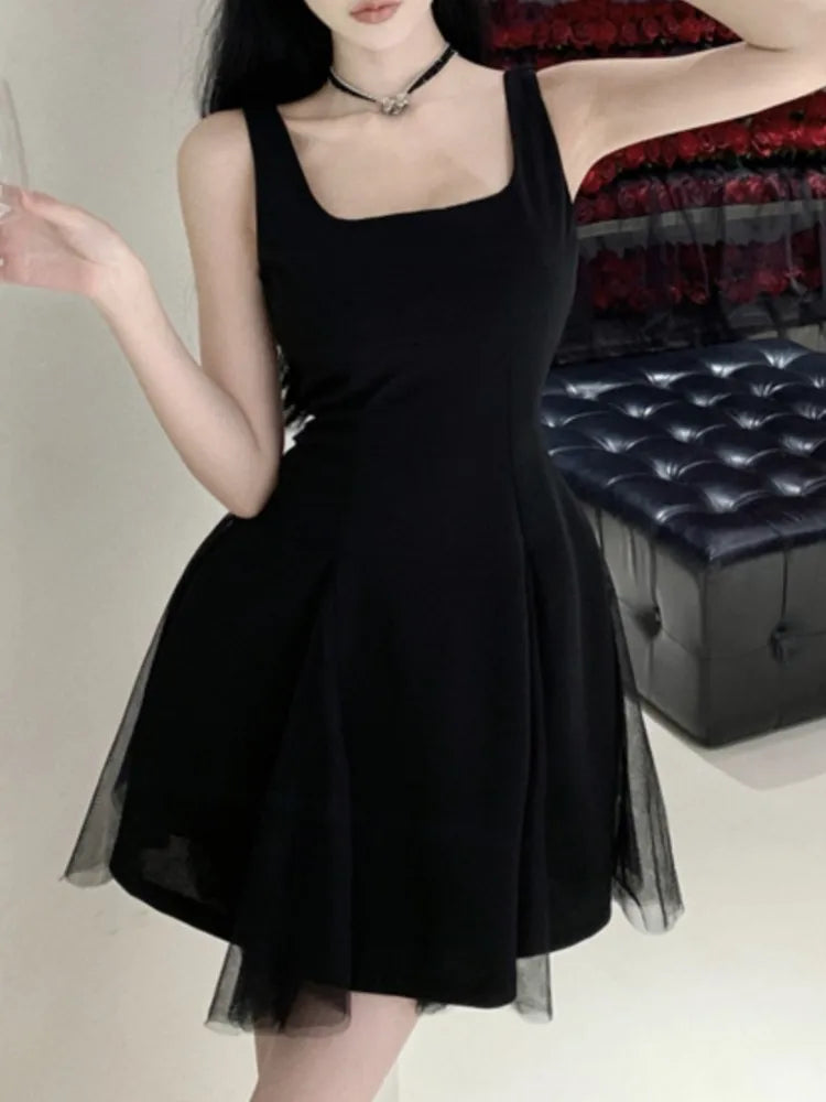 New Summer Black Short Dress Women Spaghetti Strap Mesh Patchwork Princess Evening Party Dresses French Elegant Prom Vestido