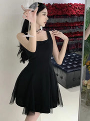 New Summer Black Short Dress Women Spaghetti Strap Mesh Patchwork Princess Evening Party Dresses French Elegant Prom Vestido