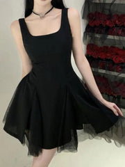 New Summer Black Short Dress Women Spaghetti Strap Mesh Patchwork Princess Evening Party Dresses French Elegant Prom Vestido