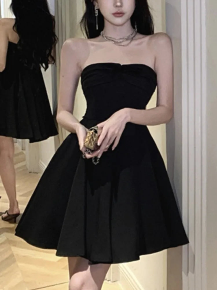 New Summer Elegant Strapless Short Dress Women High Waist A-line Korean Chic Evening Party Dresses Prom Black One Piece Vestido