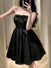 New Summer Elegant Strapless Short Dress Women High Waist A-line Korean Chic Evening Party Dresses Prom Black One Piece Vestido