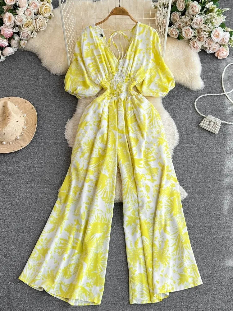 New Summer Printed Jumpsuit Women Wide Leg Romper V-neck Puff Sleeve Casual Vocation Beach Style High Waist Sexy Jumpsuits