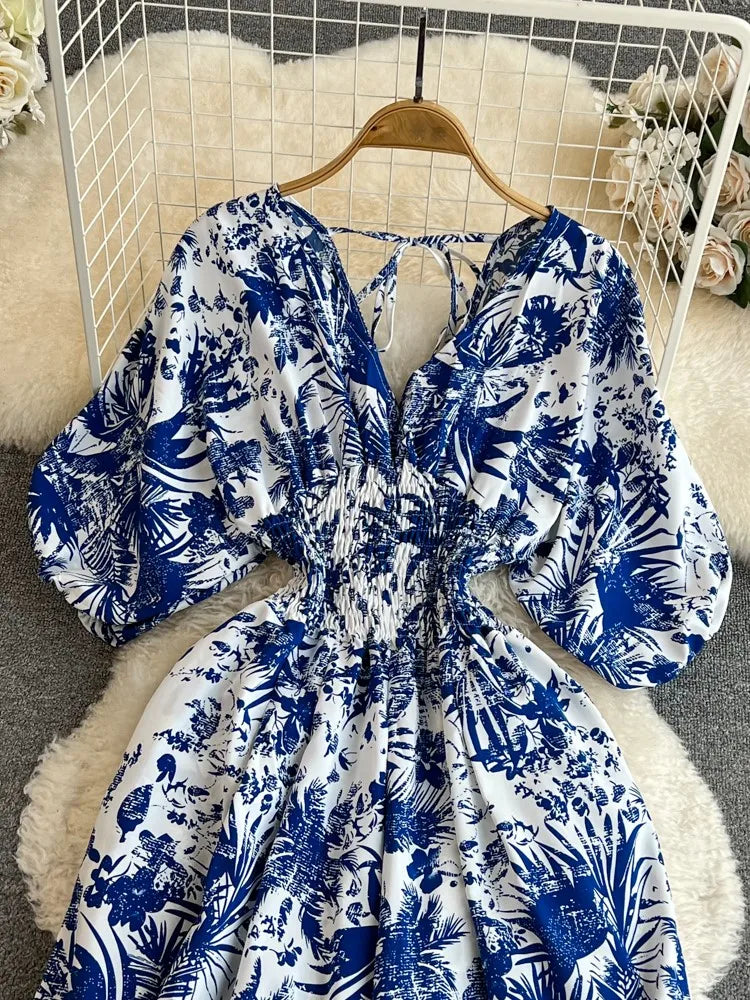 New Summer Printed Jumpsuit Women Wide Leg Romper V-neck Puff Sleeve Casual Vocation Beach Style High Waist Sexy Jumpsuits