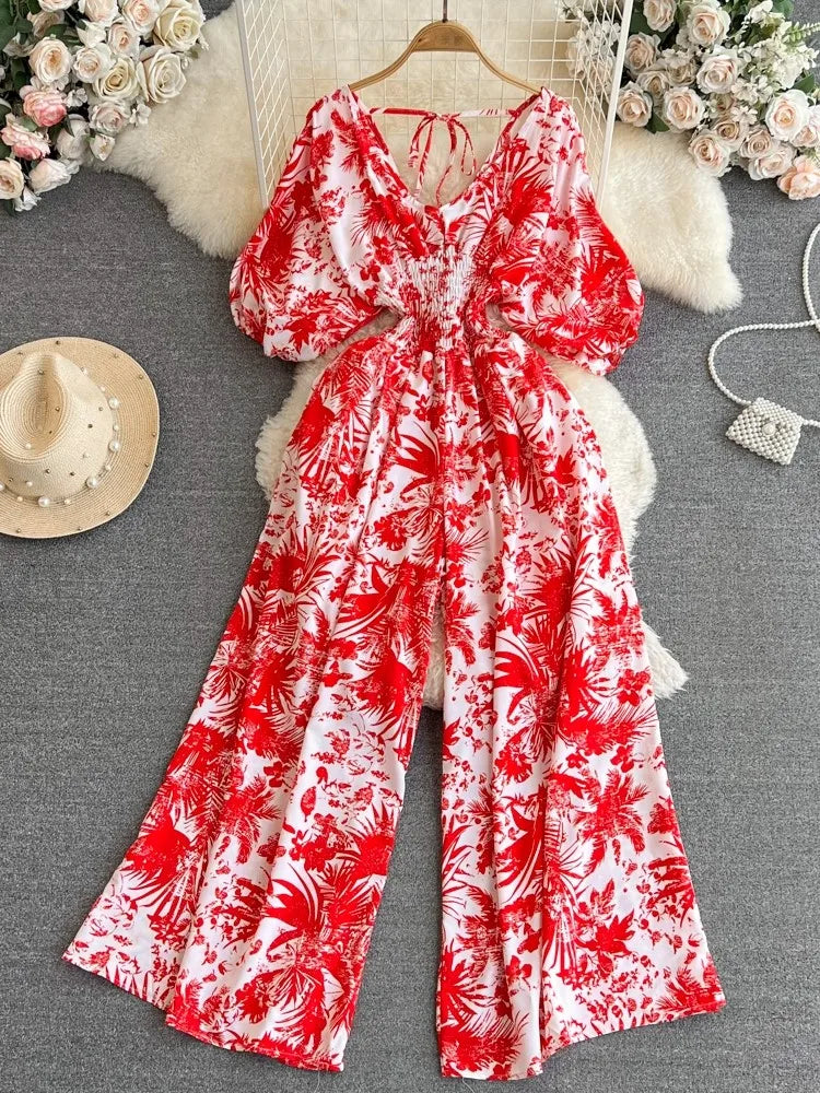 New Summer Printed Jumpsuit Women Wide Leg Romper V-neck Puff Sleeve Casual Vocation Beach Style High Waist Sexy Jumpsuits