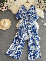 New Summer Printed Jumpsuit Women Wide Leg Romper V-neck Puff Sleeve Casual Vocation Beach Style High Waist Sexy Jumpsuits