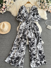 New Summer Printed Jumpsuit Women Wide Leg Romper V-neck Puff Sleeve Casual Vocation Beach Style High Waist Sexy Jumpsuits