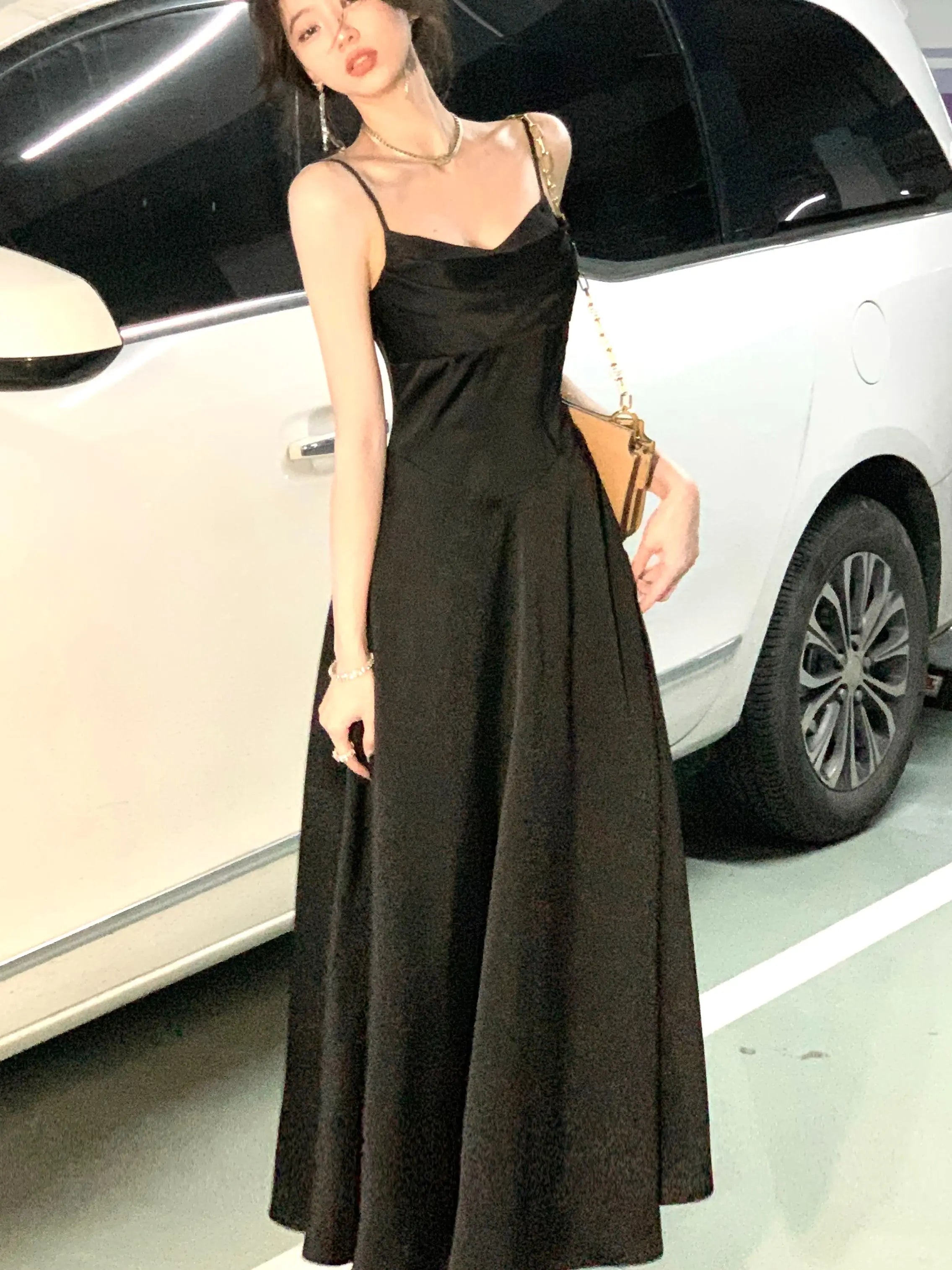 New Summer Satin Midi Dress Women Slim Spaghetti Strap Elegant Party Dresses Wedding Evening Birthday Backless Prom Robe Clothes