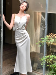 New Summer Stain Women Midi Dress Elegant Sleeveless Solid Halter Slim Mermaid Evening Party Dresses Prom Robe One Piece Vestido