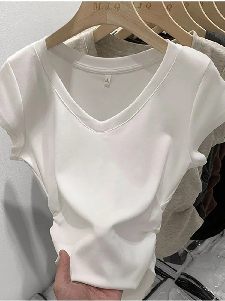 New Summer Top Sexy T Shirt Women Elasticity T-Shirt Korean Style Woman Clothes Slim Tshirt Female Skinny Short Sleeve Tops Tee