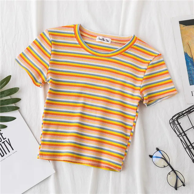 New T Shirt Women Rainbow Striped Tops Slim Fit t shirt Harajuku Tshirt Summer Short Sleeve Korean T-shirt feminina Clothes Tops