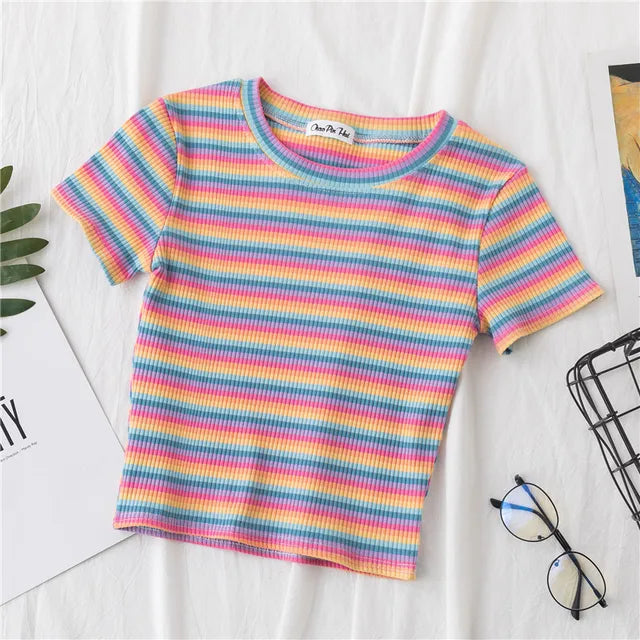 New T Shirt Women Rainbow Striped Tops Slim Fit t shirt Harajuku Tshirt Summer Short Sleeve Korean T-shirt feminina Clothes Tops