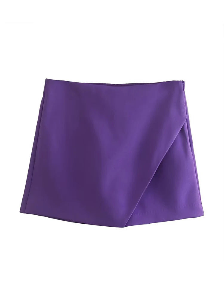 New Women Fashion Candy Color Asymmetrical Shorts Skirts Lady Zipper Fly Pockets Hot Shorts Chic Pantalone