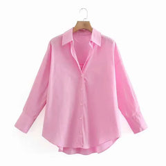 New Women Simply Candy COlor Single Breasted Poplin Shirts Office Lady Long Sleeve Blouse Chic Chemise Tops