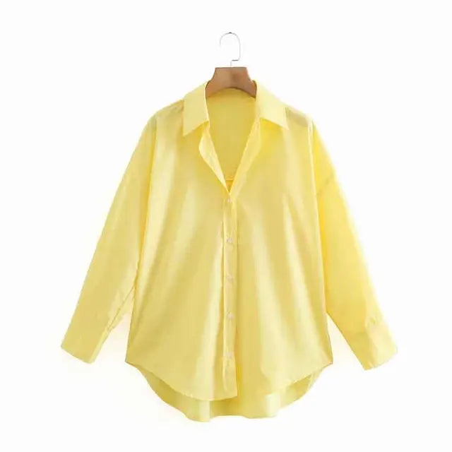 New Women Simply Candy COlor Single Breasted Poplin Shirts Office Lady Long Sleeve Blouse Chic Chemise Tops