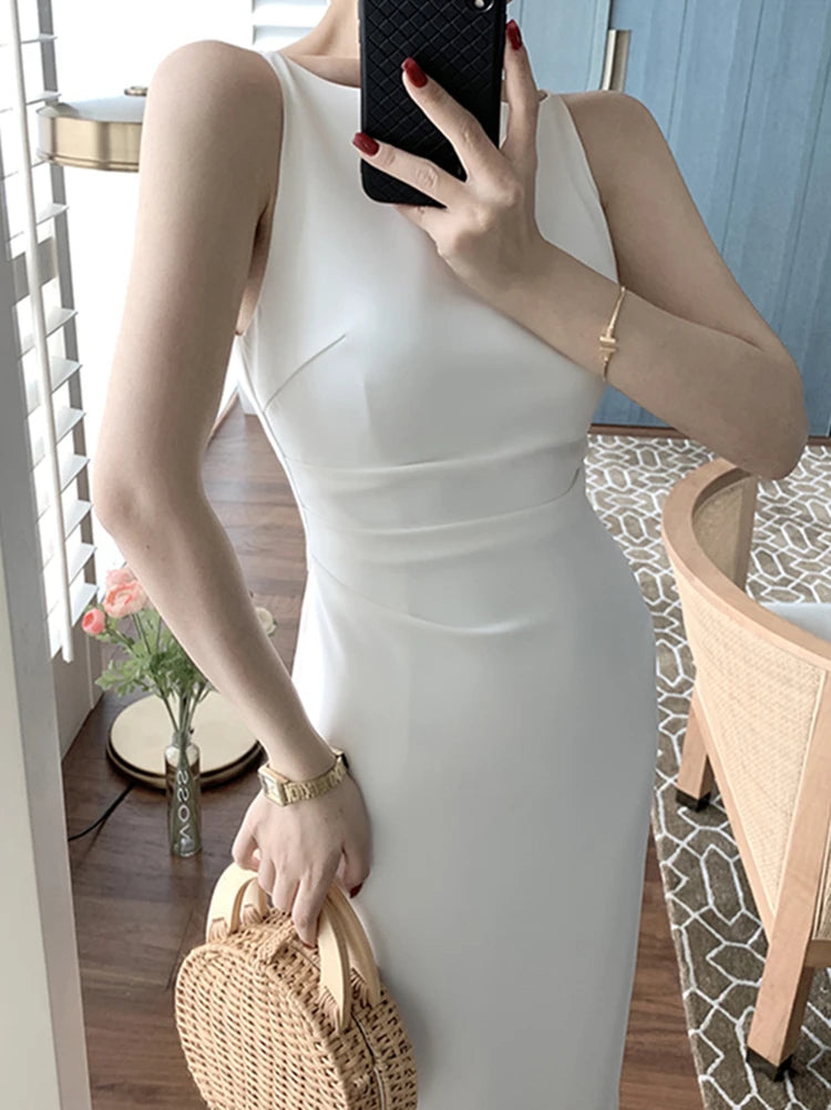 New Women Summer Fashion Spaghetti Strap Sleeveless Solid Sexy Dresses Office Lady Female Elegant Evening Party Midi Dress New