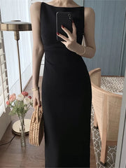 New Women Summer Fashion Spaghetti Strap Sleeveless Solid Sexy Dresses Office Lady Female Elegant Evening Party Midi Dress New