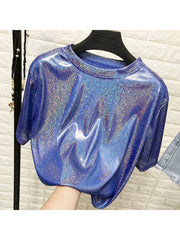 New summer retro style stylish bright silk woman tops shiny loose short sleeve t-shirt sexy club aesthetic harajuku women tshirt