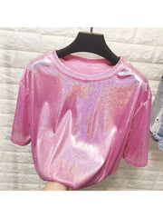 New summer retro style stylish bright silk woman tops shiny loose short sleeve t-shirt sexy club aesthetic harajuku women tshirt