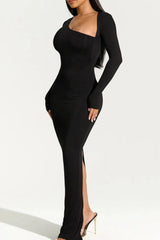 Nico Black Asymmetrical Slit Maxi Bodycon Dress