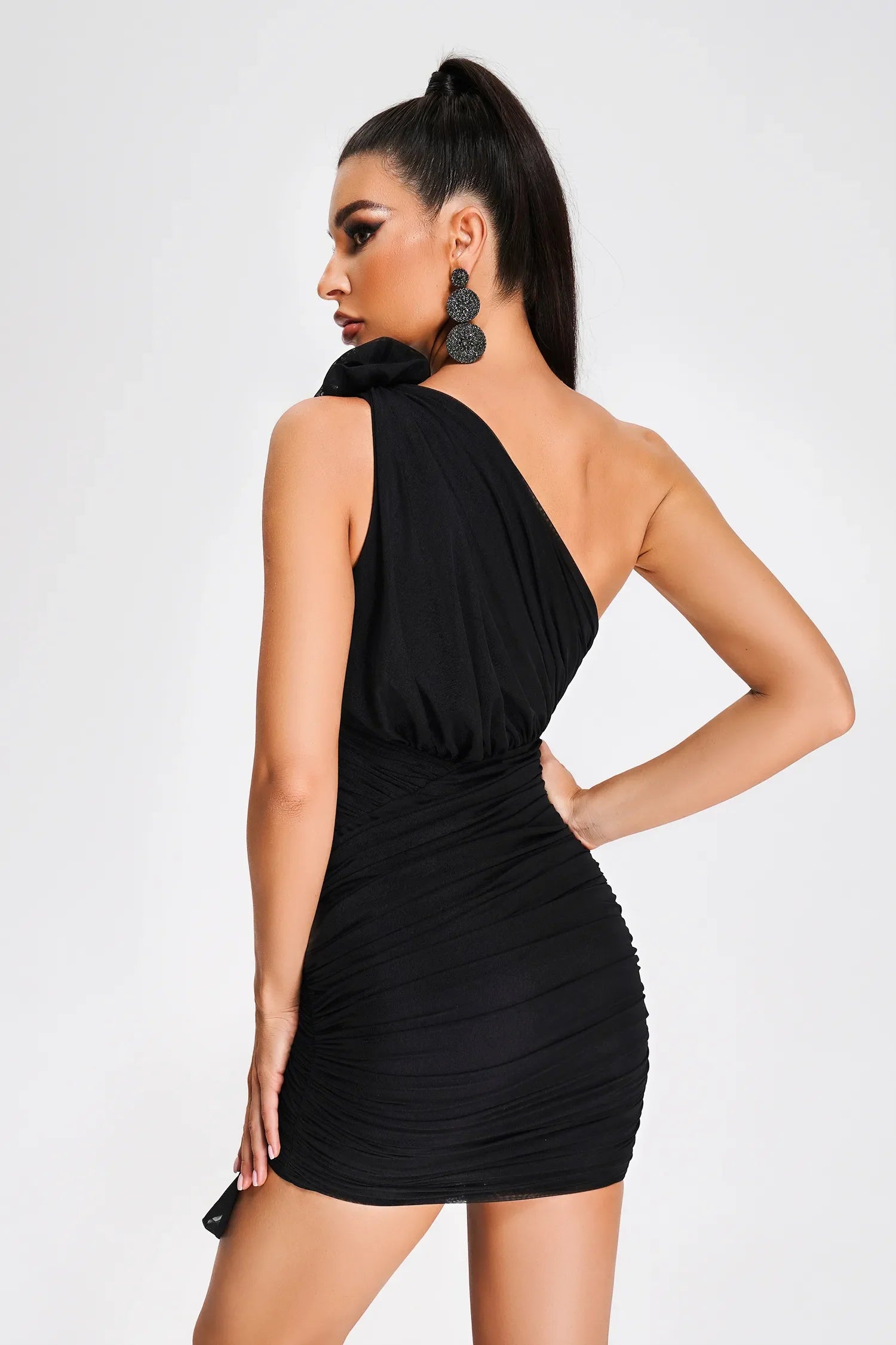 Niki Black Mesh Rushed One Shoulder Mini Dress