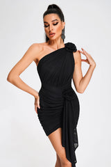 Niki Black Mesh Rushed One Shoulder Mini Dress