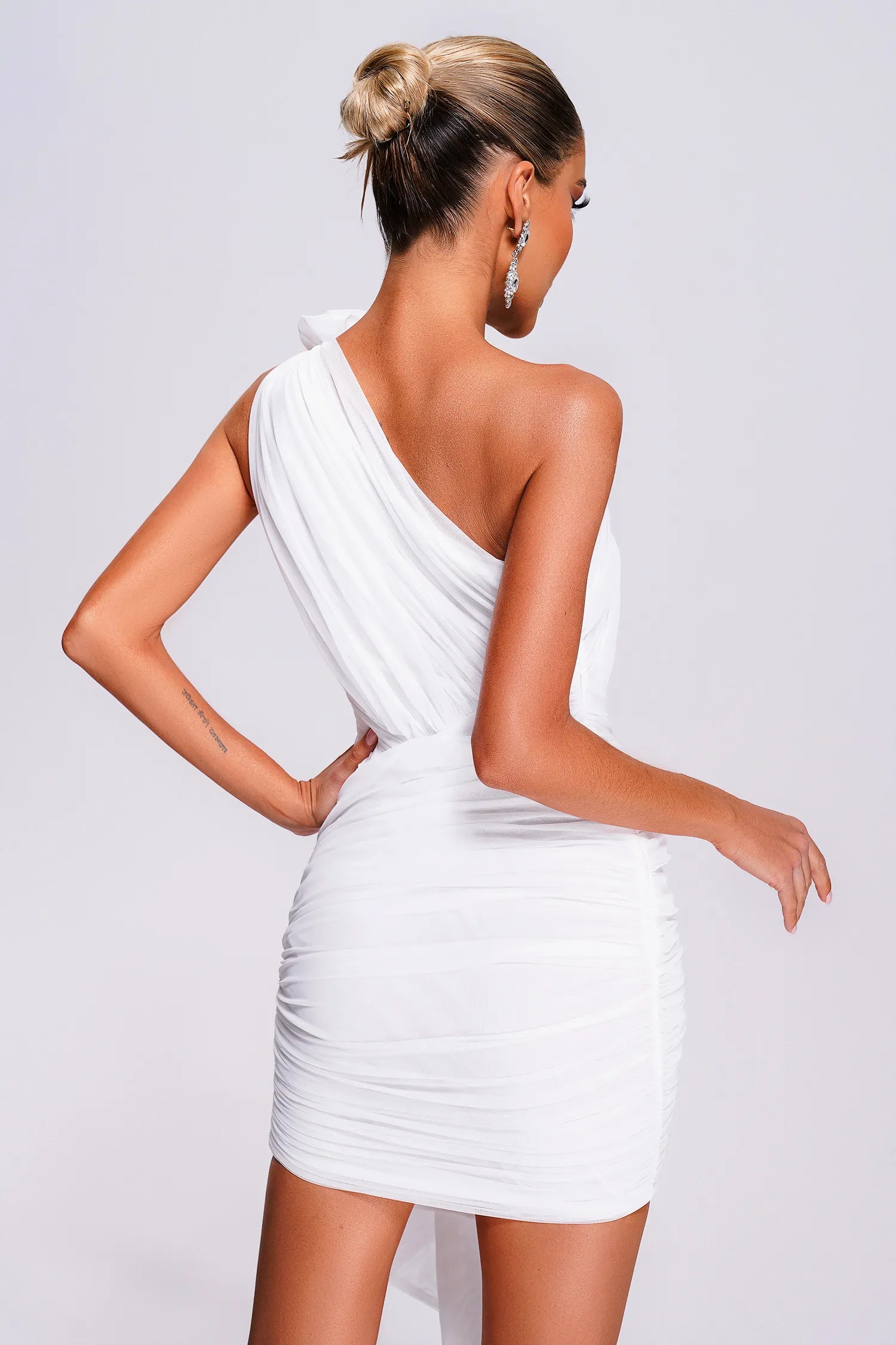 Niki White Mesh Rushed One Shoulder Mini Dress