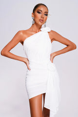 Niki White Mesh Rushed One Shoulder Mini Dress