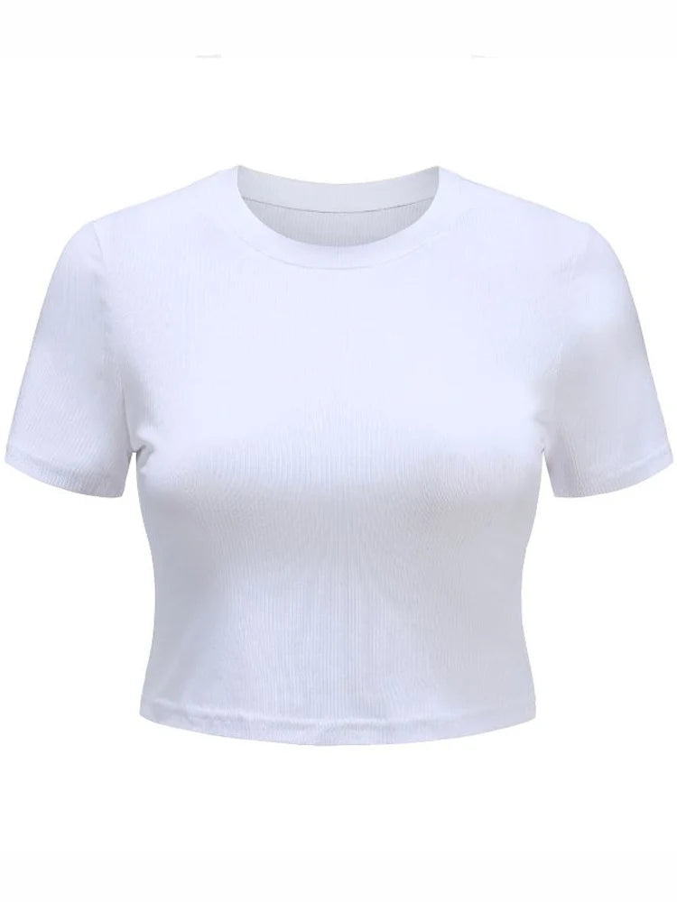 O Neck Knit White Crop Top Women Summer Casual T Shirt Basic Sexy Streetwear Ribber Black Short Sleeve Tops