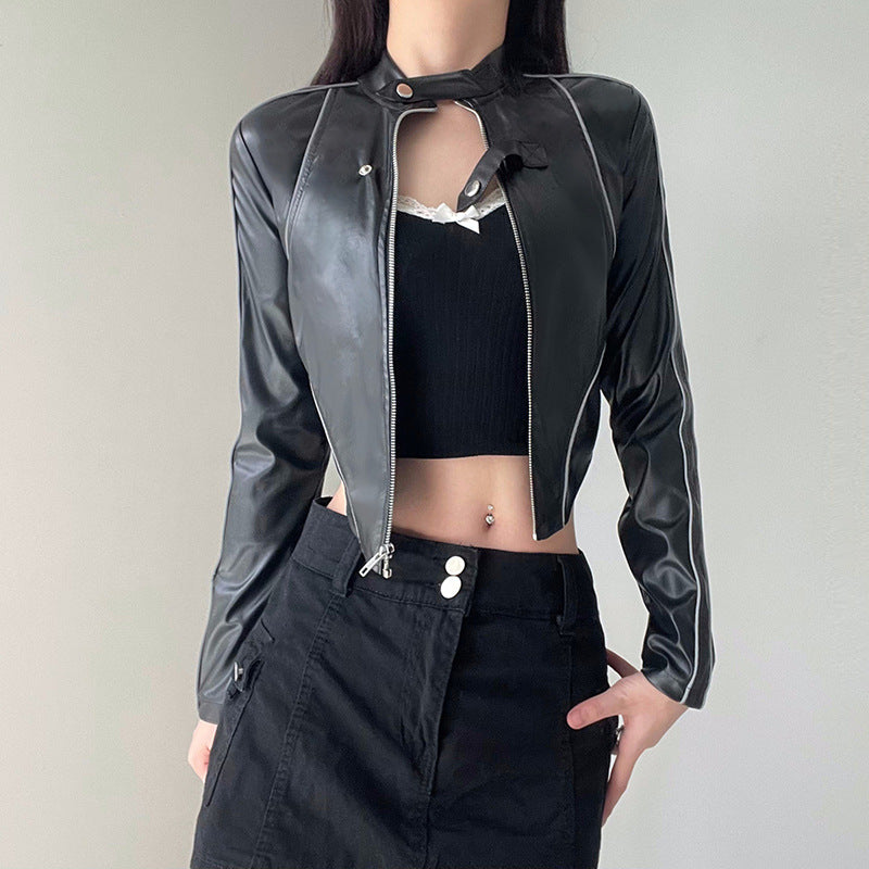 Metallic Coated Fabric Hipster Reflective Leather Jacket Stand Collar Irregular Asymmetric Hem Short Cropped-Exposed Sexy Jacket Top