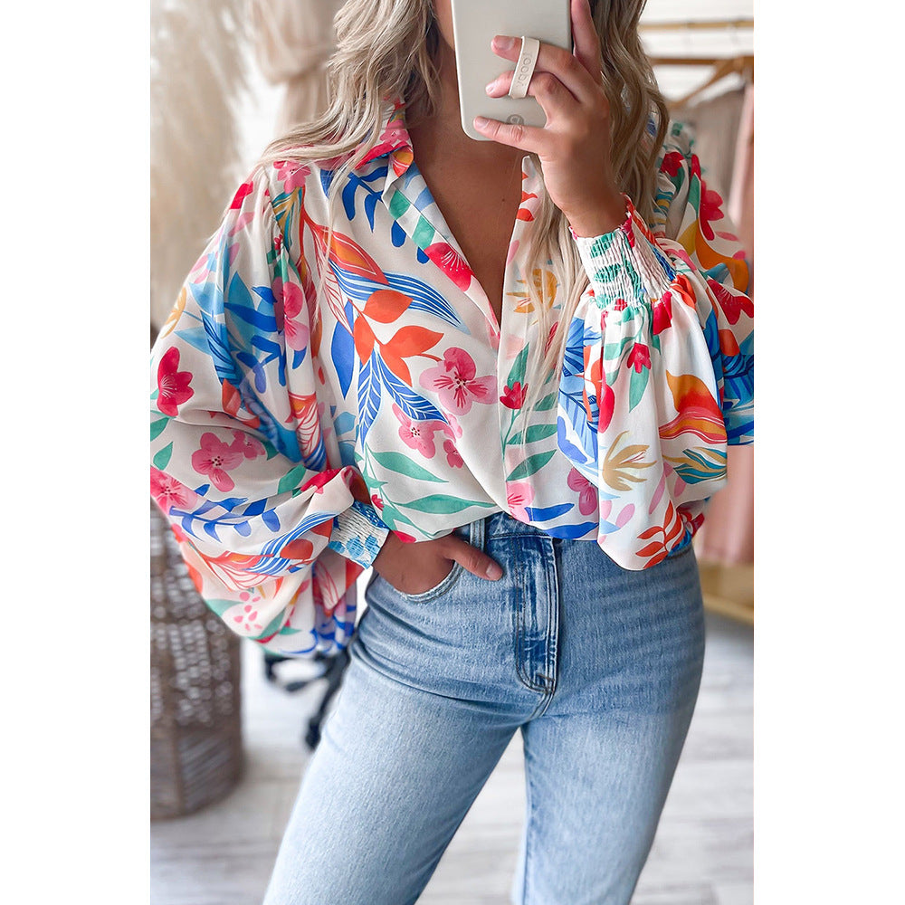 Women Clothing Autumn Floral Print Lantern Long Sleeve V neck Loose Shirt