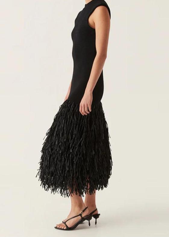 Noir Fringe Knit Midi Dress